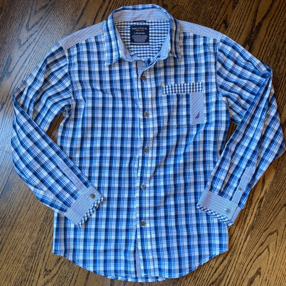 Like New Nautica Kids Button Down Collared Plaid Shirt, Size Large (14/16)